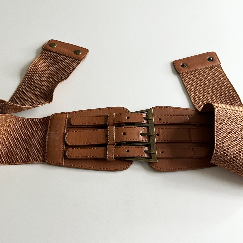 Brown Leather Belt with Brass Buckles and Adjustable Straps